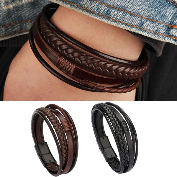 

charm bracelets personalized braided bracelet mens wristband leather with magnetic clasp cowhide multi-layer wristbands bangle gifts, Golden;silver