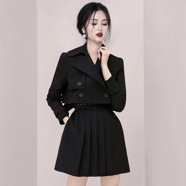 

2 piece set women runway design office black notched double-breasted short coat outwear + mini pleated skirt with belted 210526, White