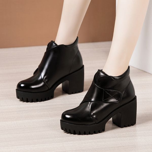 

black short boots women winter thick bottom platform round head large size 32 to 43 high heel shoes ladies