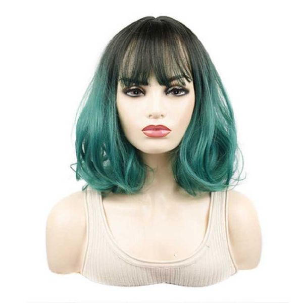 

short female color black gradient dark green qi bangs curls short hair wig headgear