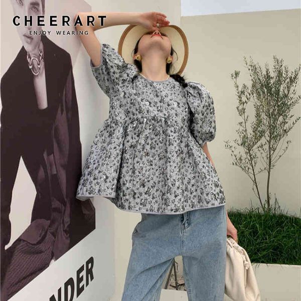 CHEERART Texture Puffy Sleeves Top und Blusen Damen Grau Open Back Rückenfrei Rüschen Top Sommer Kurzarm Krawattenbluse Mode 210508