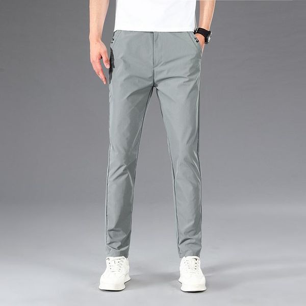 

men's pants summer thin casual street fashion slim stitching tapered trousers solid color elastic waist youth business clothes, Black