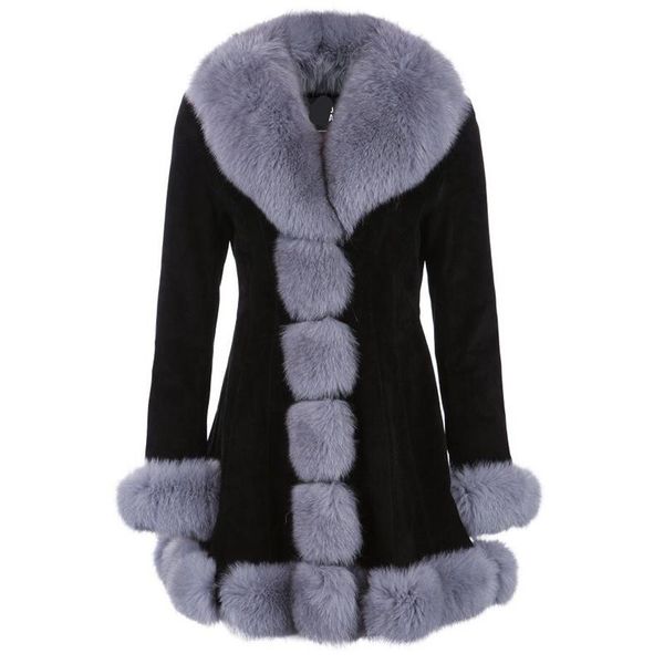 

women's fur & faux luxury real rex coat jacket collar cuff hem autumn winter women outerwear coats plus size 4xl 5xl vf4054, Black