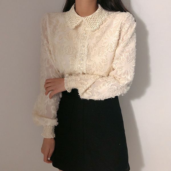 

dress est women lace patchwork long sleeve shirts ol solid vintage jacquard loose lapel blouse shirt, White