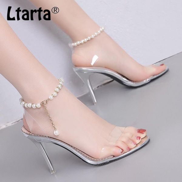 

summer women's shoes fashion beaded high-heeled pearl word with open toe transparent sandals cwf, Black