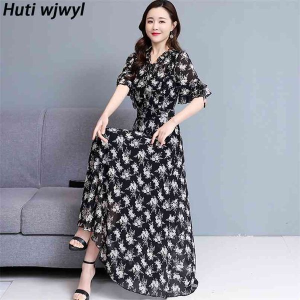 

summer vintage plus size boho long sundress korean women bodycon party maxi vestido floral chiffon black casual beach dress 210528, Black;gray