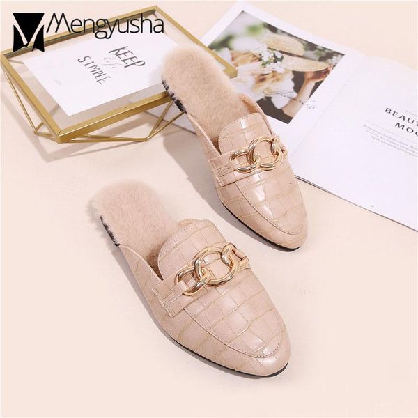 

crocodile pattern leather slippers women fur padded slides shoes woman metal chains pantoufle femme winter warm footwear, Black