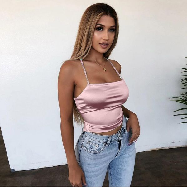 

summer women tank camis silk satin polyester back cross vest female short style backless girls brief fashion tanks, White