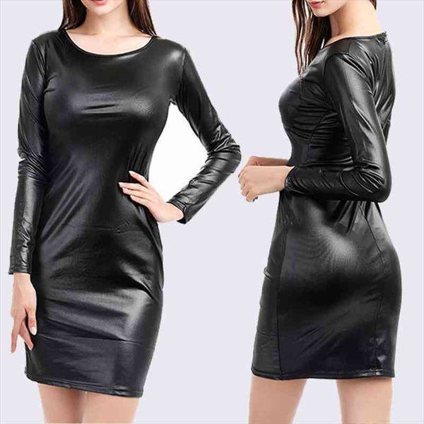 

ladies nightclub dress faux leather long sleeve o-neck knee bag hip tight pencil dresses feminino vestido, Black;gray
