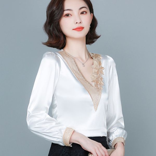 

silk blouse women long sleeve satin s woman embroidery floral plus size elegant v-neck shirt 210427, White