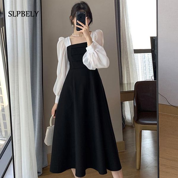 

casual dresses slpbely france elegant black dress for women autumn retro long sleeve midi 2021 fashion vintage hepburn a line party, Black;gray