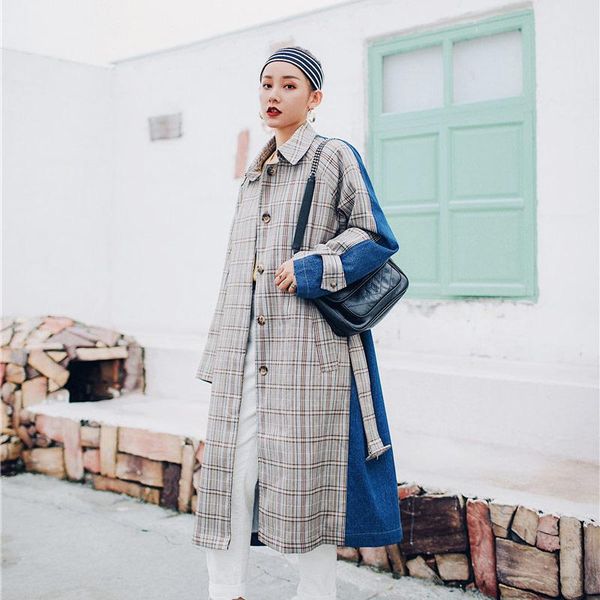 

women's trench coats 2021 spring casual plaid coat women long loose splicing denim retro windwear defined waist with belt, Tan;black