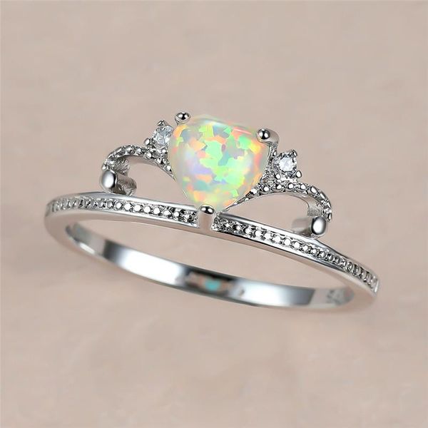 

simple female white heart opal ring charm silver color wedding classic crystal queen crown engagement rings for women, Slivery;golden