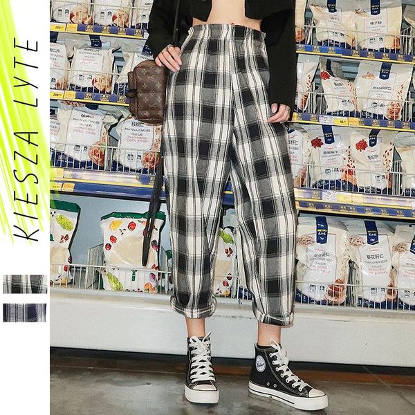 

women's pants & capris plaid for women 2021 summer retro loose cotton thin ladies causal harem harlan trousers streetwear, Black;white