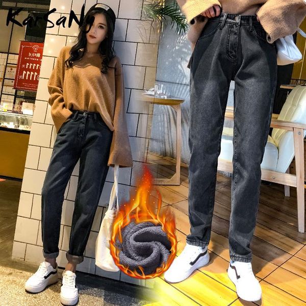 

women's jeans high waisted boyfriend for women velvet winter warm thicken fleece jean femme denim pants, Blue