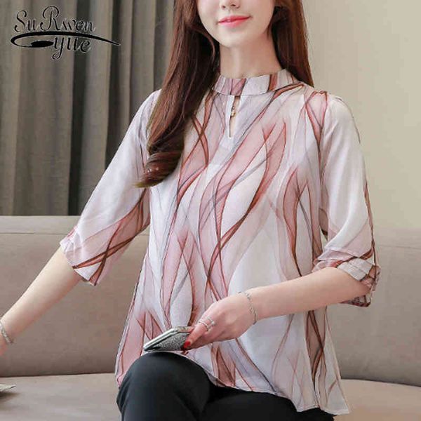 

arrival pluse size printing women chiffon blouse summer casual half sleeve blue and red female shirt 5073 50 210521, White