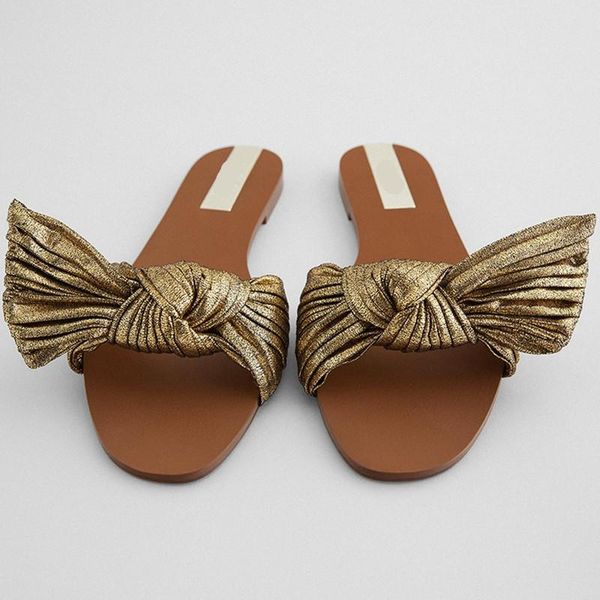 

slippers flat shoes female womens outdoor rivet pantofle slides butterfly-knot massage 2021 pu fabric retro rubbe, Black