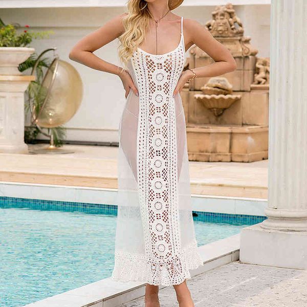 

women's swimwear handmade crochet bohemian long beach wear mesh patchwork holiday maxi sun transparent white pareos yopn, White;black
