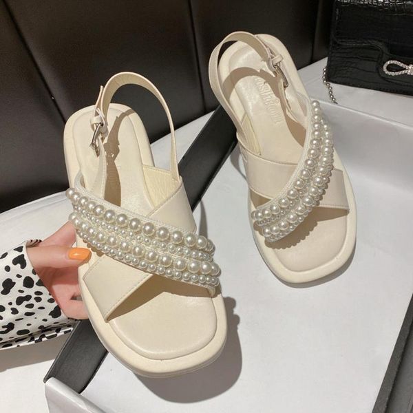 

dress shoes 2021 pearl sandals women summer roman square toe, Black
