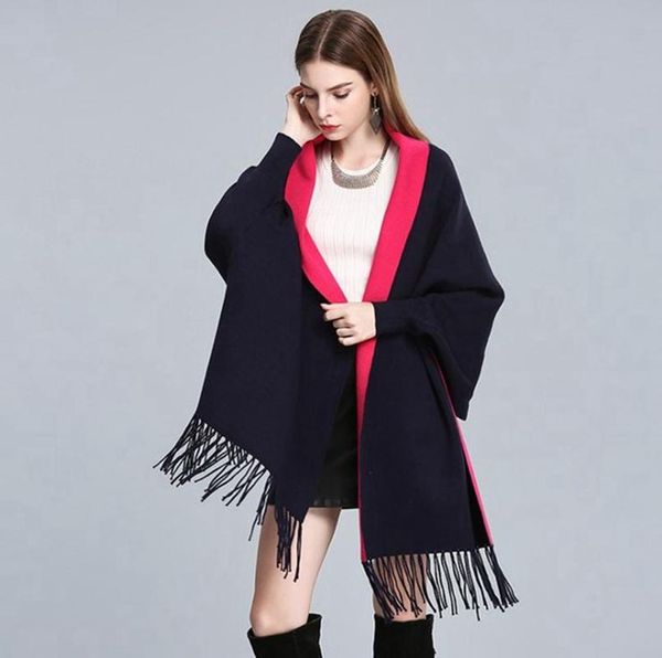

scarves winter women long wrap shawl thick warm tassel blanket cashmere poncho solid women's scarf cape with sleeves, Blue;gray