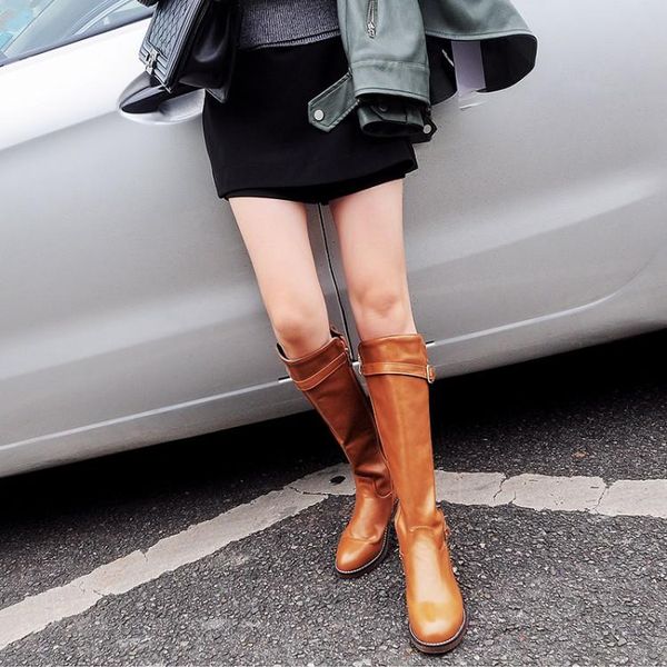 

boots big size thigh high knee over the women ladies side zipper with belt buckle, Black