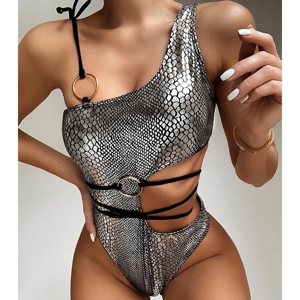 

one-piece suits muolux 2021 silver snake print one piece swimsuit female string monokini shoulder swimwear women hollow out bathingsuit