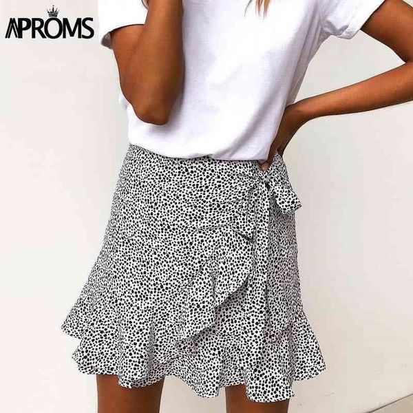 

aproms multi dot print short mini skirts women summer ruffle high waist bow tie skirt ladies streetwear slim bottoms saias 210331, Black