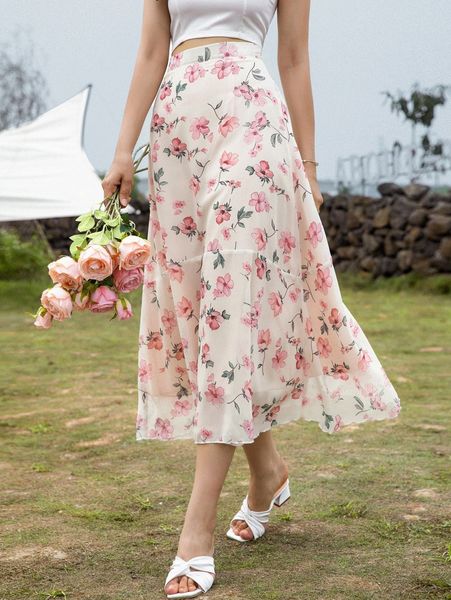 

floral print high waist skirt b2xa#, Black