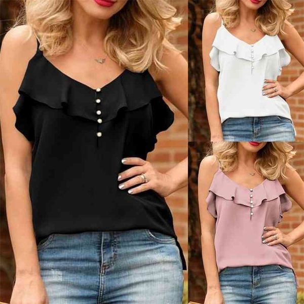 

women solid spaghetti straps ruffles summer vest sweet buttons sleeveless v neck camisole skinny bralette 210517, White