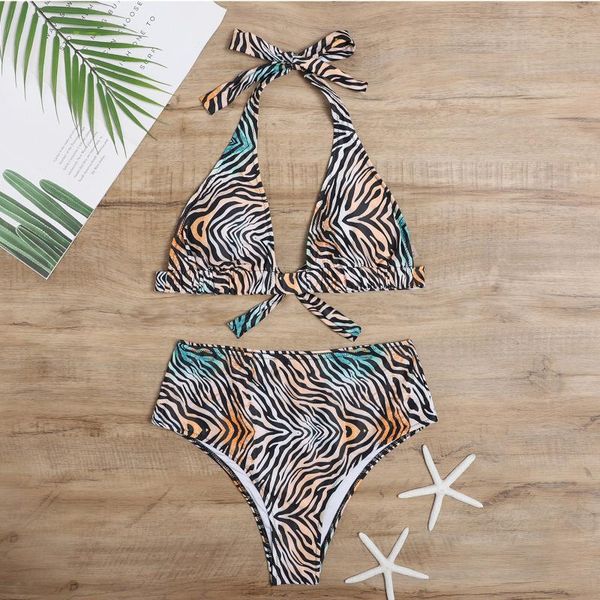 

women's swimwear 2pcs women swimsuits bikini set push-up padded high waist zebra print halter bandage thong beachwear 2021, White;black