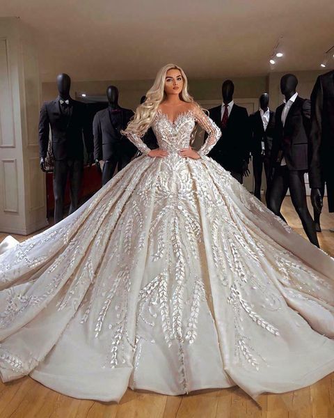 Luxuriöse Brautkleider aus Dubai, Ballkleid, durchsichtig, mit Juwelenausschnitt, Perlen, Blumenapplikationen und Spitze, Brautkleider, wunderschöne Vintage-Robe de Mari￩e mit langen Ärmeln