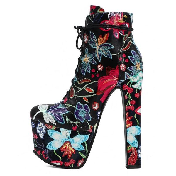 

fashion flower ankle boots women shoes platform 17cm ultra high heels short lace-up spring ladies shoe large size 46, Black