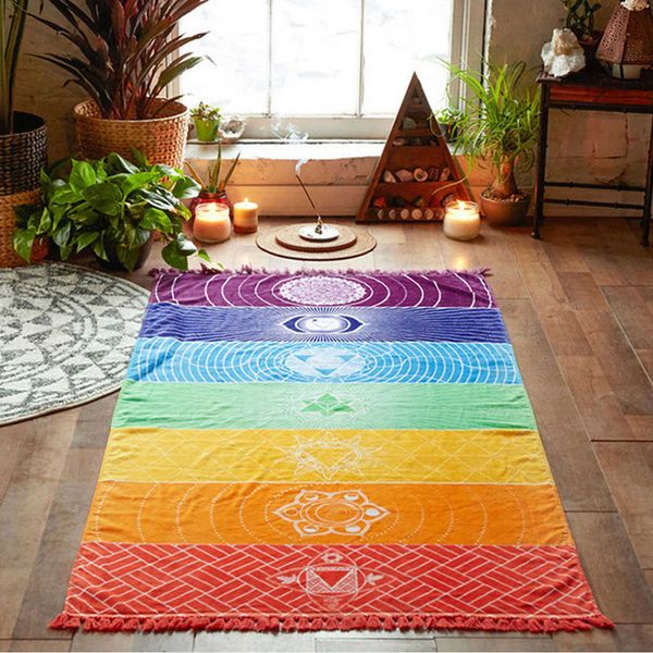 7 chakra arco-íris tapeçaria mandala parede indiana pendurado tapeçaria sala de estar decoração de casa viajar praia yoga tapete toalha 210609