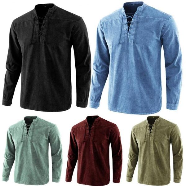 

men's t-shirts casual shirt men lace up vintage stand collar, White;black