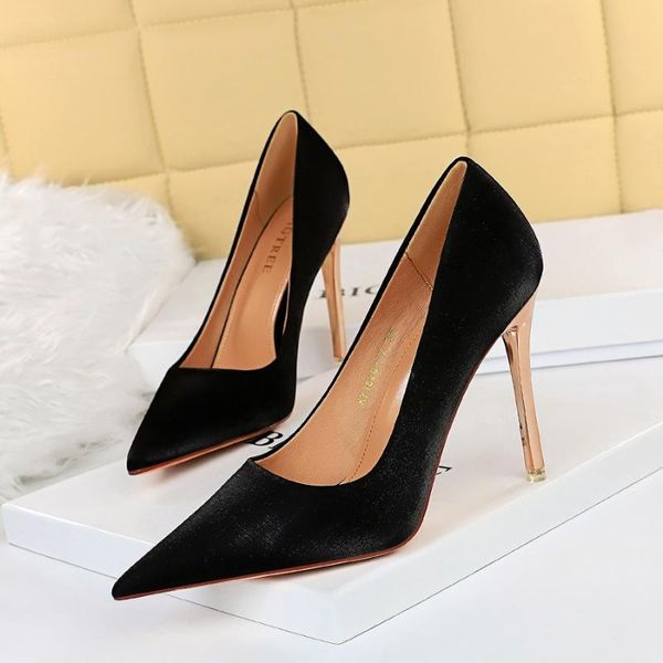 

dress shoes silk high heels women pointed toe pumps shallow slip on sandals oversized luxury slides stilettos zapatos de mujer, Black