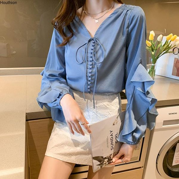 

women's blouses & shirts houthion spring autumn slim all-match fashionable and casual v-neck lotus leaf long sleeve solid color shirt, White