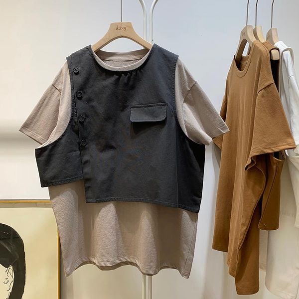 

summer cool irregular vest shirt two-piece set women's western style stand collar short sleeve outfit harajuku t-shirt, White