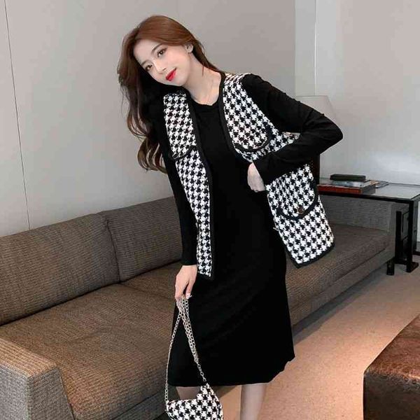 

designerlight luxury celebrity xiaoxiangfeng qianniao lattice net red vest suit women's autumn and winter bottomed knitted dress two-pi, White