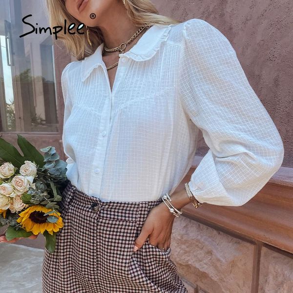

women's blouses & shirts simplee doll collar buttons causal square white shirt women autumn winter solid long lantern sleeve cotton lo