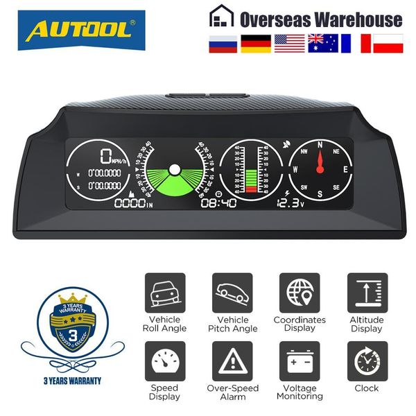 AUTOOL X90 GPS/OBD2 Velocità PMH KMH Misuratore di pendenza Inclinometro Bussola per auto HUD Passo Angolo di inclinazione Goniometro Orologio Latitudine Longitudine