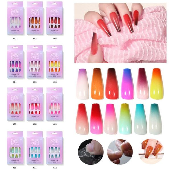 

false nails 24pc art fake nail tips press on coffin with glue stick designs clear display short set full cover, Red;gold