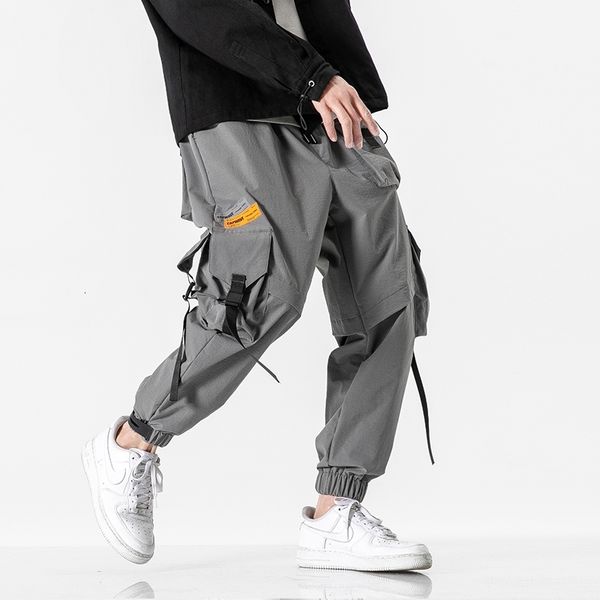 

men's pants hip hop cargo casual man ribbon sweatpants streetwear harem male harajuku style multi pocket trousers y0ry, Black