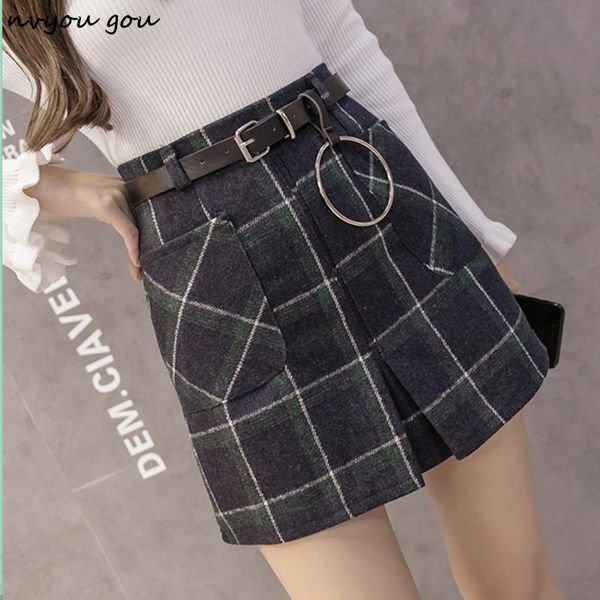 

skirts nvyou gou spring ladies a-line women plaid slim korean fashion belt above knee mini empire shorts, Black