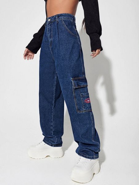 

patched detail flap pocket wide leg jeans w3dx#, Blue