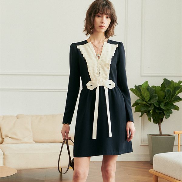 

dresses elegant for women 2021 spring color block bows navy blue long sleeve a line birthday outfits party clothing vestido, Black;gray