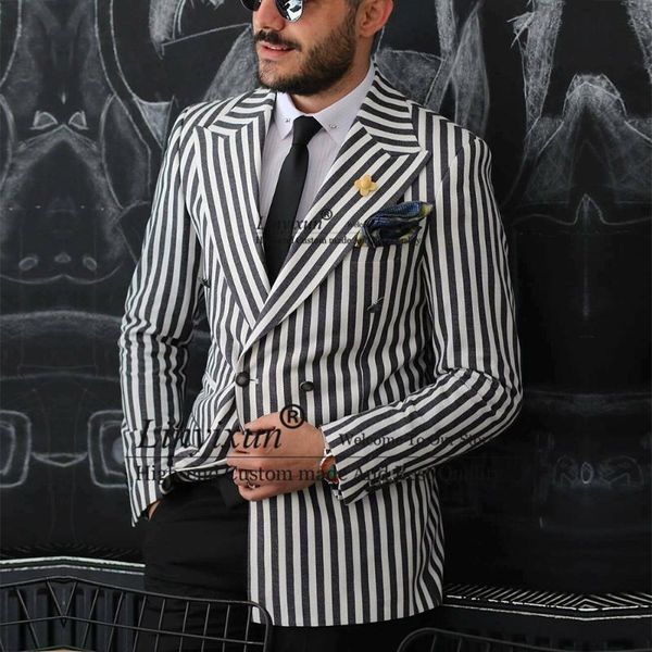 

men's suits & blazers black white stripe mens suit double breasted business male blazer slim fit groom tuxedo 2 piece jacket pants set, White;black