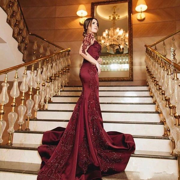 

2021 luxury arabic mermaid dark red burgundy evening dresses jewel neck illusion long sleeves lace appliques crystal beads party gowns prom, Black;red