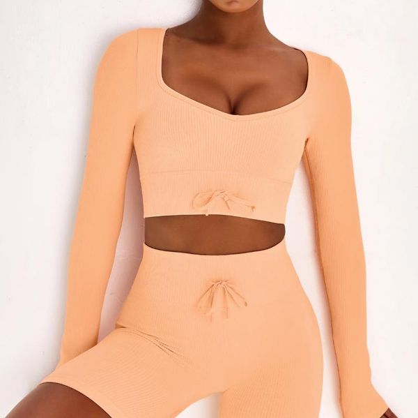 

yoga outfit two piece fitness set ins seamless knitting workout running sports long sleeve crop suit tracksuit