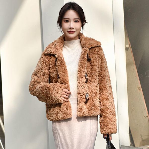 

women's fur & faux ladies women slim coat female sheep shearing one wool plus size jacket 2021 autumn winter mink print plush a682, Black