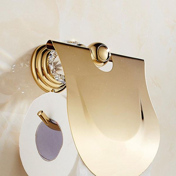 

luxury gold solid brass toilet paper holder polished towel bar artificial crystal round base ring bathroom acces tissue boxes & na napkins